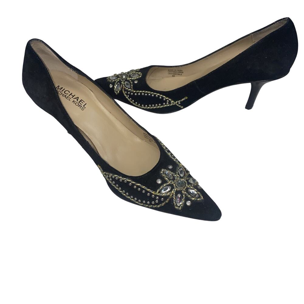 Michael Kors Women's Size 6M Black Suede & Floral Slip on Pump Heels Shoes